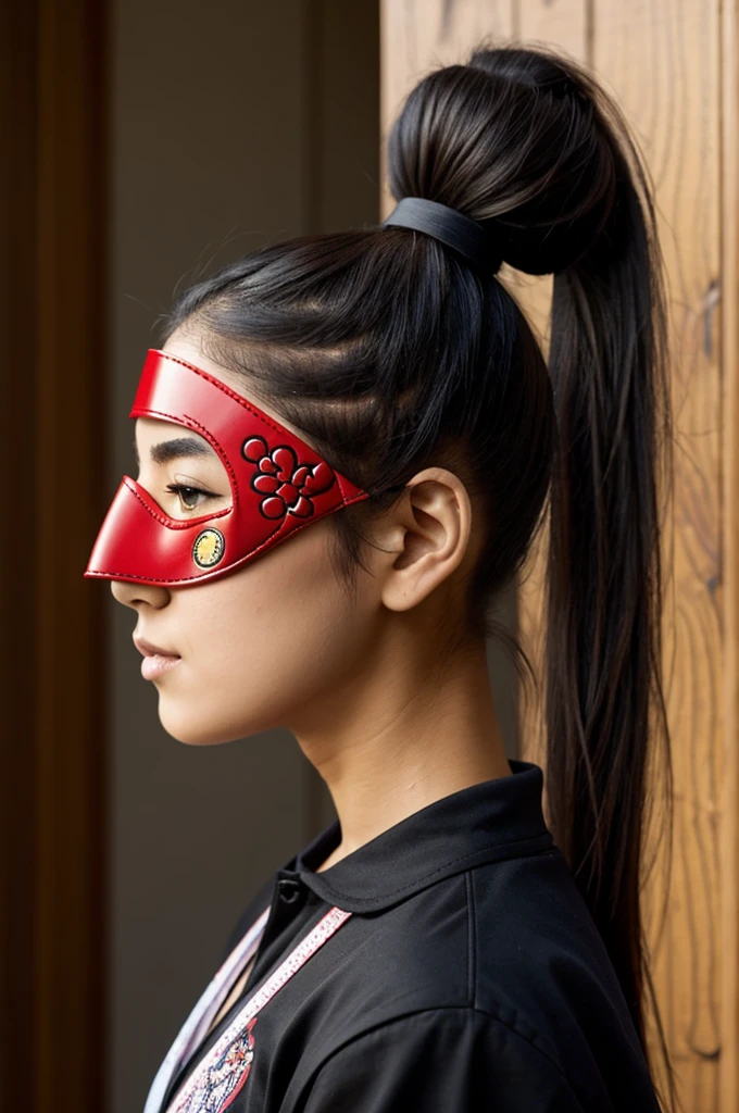 ponytail girl wears a kitsune mask side view 