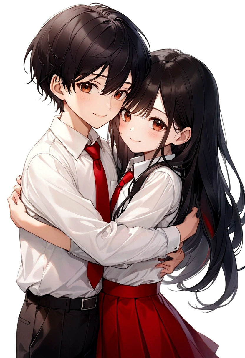 Draw a 19-year-old girl with long black hair., Brown eyes, piel medio morena,white shirt with red tie and red skirt hugging her 19-year-old black-haired brother, Brown eyes, piel medio morena, white shirt with red tie and black pants, that they are both smiling