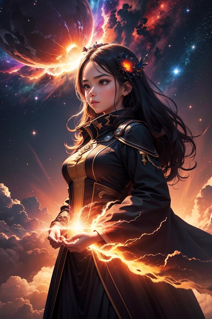 A spectacularly igniting supernova shines brightly amidst the darkness of space, captivatingly watched by an enigmatic woman. The explosion of colors and light creates a mesmerizing display in the image, which is most likely a breathtaking digital artwork. The vivid explosion painted in vivid shades of crimson, gold, and electric blue, beautifully contrasts against the woman's shadowed figure, adding a sense of mystery and wonder to the scene. The clarity and detail in this visually stunning composition bring the celestial event to life, leaving viewers in awe of its beauty and power.