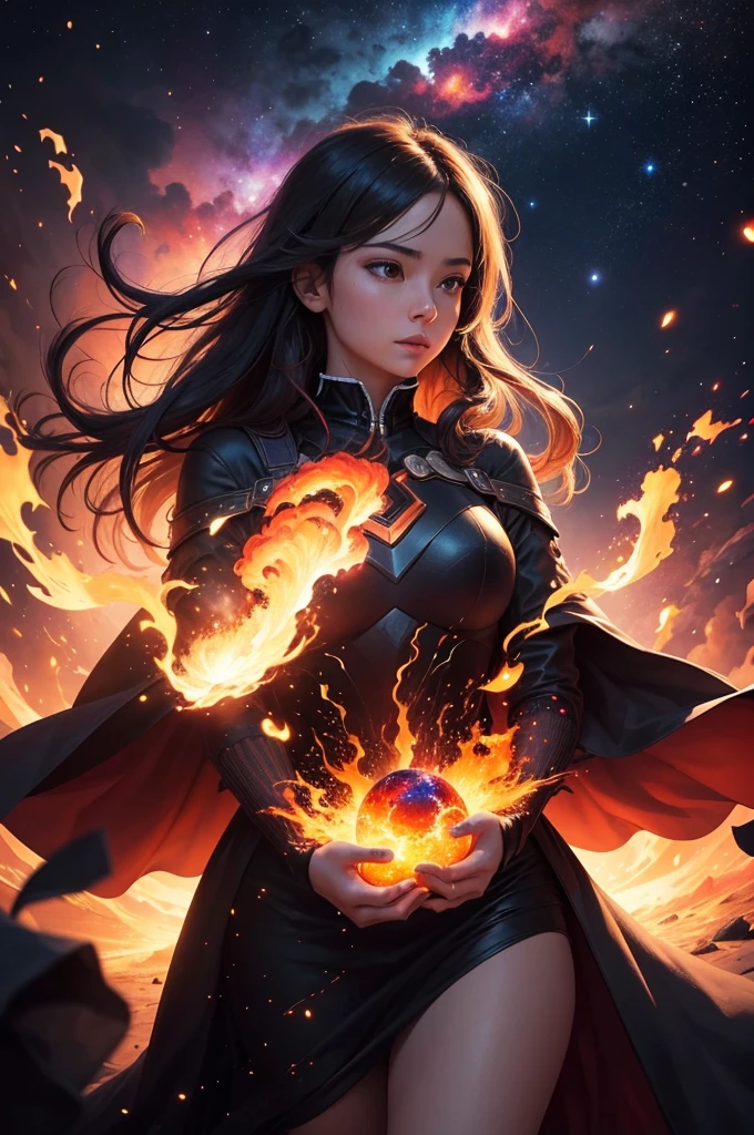 A spectacularly igniting supernova shines brightly amidst the darkness of space, captivatingly watched by an enigmatic woman. The explosion of colors and light creates a mesmerizing display in the image, which is most likely a breathtaking digital artwork. The vivid explosion painted in vivid shades of crimson, gold, and electric blue, beautifully contrasts against the woman's shadowed figure, adding a sense of mystery and wonder to the scene. The clarity and detail in this visually stunning composition bring the celestial event to life, leaving viewers in awe of its beauty and power.