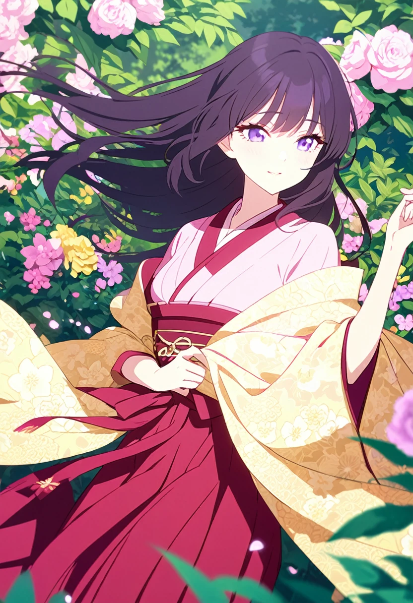 A stunningly beautiful anime girl, her long raven hair flowing freely around her delicate shoulders. Her eyes are a captivating shade of purple, rimmed with long, lashes that accentuate their alluring depth. She is dressed in a lavish, rich ensemble that accentuates her curves and highlights her wealth. A vibrant pink kimono adorns her upper body, its intricate floral patterns and delicate embroidery shimmering in the light. The kimono is held together at her waist by a wide, golden obi, which drapes over her hips and flows gracefully down to the floor. Her lower body is covered by a pair of deep red hakama pants, their wide, flowing legs accentuating her feminine figure. The girl stands in a luxurious garden, surrounded by lush greenery and vibrant flowers that seem to burst with color. A gentle breeze caresses her cheeks, causing her hair to dance playfully around her. The air is filled with the scent of countless blooms, as if nature itself is celebrating her presence. In the distance, the girl's opulent estate can be seen, towering over the garden like a testament to her unparalleled wealth and status.
