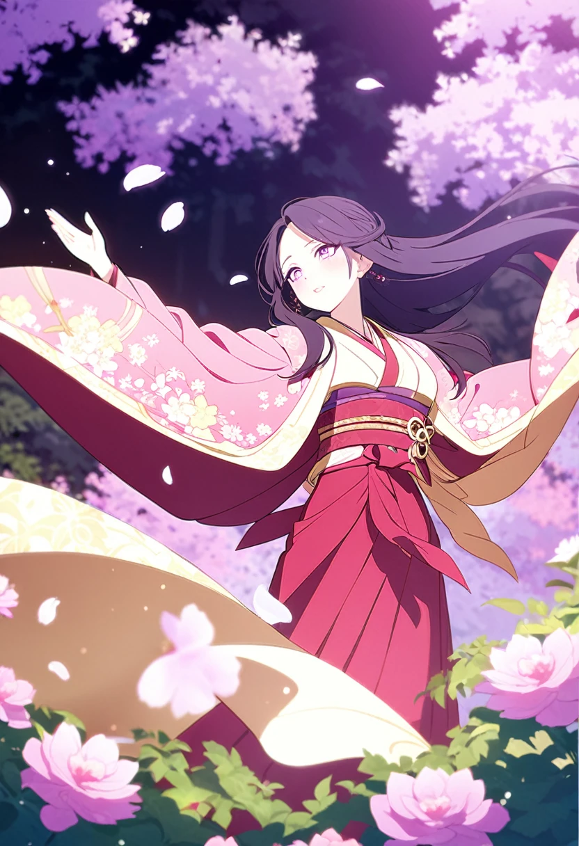 A stunningly beautiful anime girl, her long raven hair flowing freely around her delicate shoulders. Her eyes are a captivating shade of purple, rimmed with long, lashes that accentuate their alluring depth. She is dressed in a lavish, rich ensemble that accentuates her curves and highlights her wealth. A vibrant pink kimono adorns her upper body, its intricate floral patterns and delicate embroidery shimmering in the light. The kimono is held together at her waist by a wide, golden obi, which drapes over her hips and flows gracefully down to the floor. Her lower body is covered by a pair of deep red hakama pants, their wide, flowing legs accentuating her feminine figure. The girl stands in a luxurious garden, surrounded by lush greenery and vibrant flowers that seem to burst with color. A gentle breeze caresses her cheeks, causing her hair to dance playfully around her. The air is filled with the scent of countless blooms, as if nature itself is celebrating her presence. In the distance, the girl's opulent estate can be seen, towering over the garden like a testament to her unparalleled wealth and status.