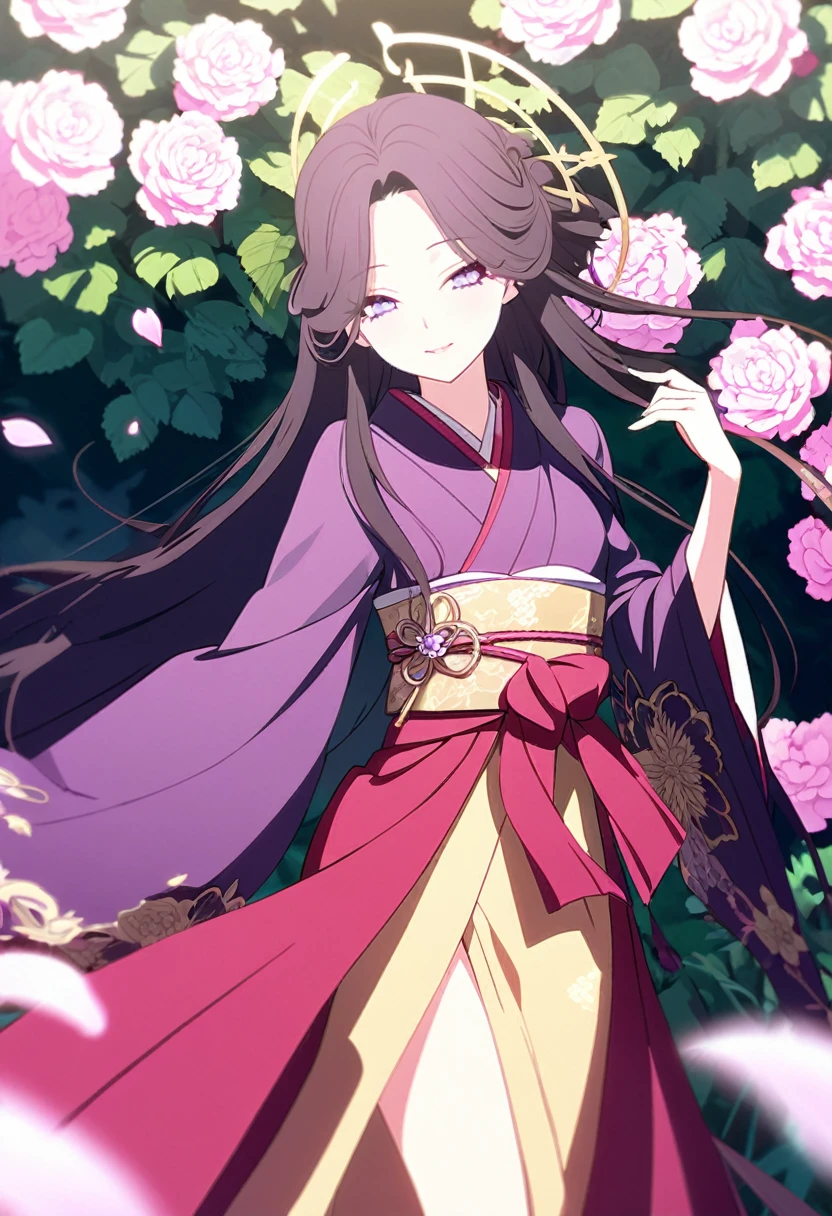 A stunningly beautiful anime girl, her long raven hair flowing freely around her delicate shoulders. Her eyes are a captivating shade of purple, rimmed with long, lashes that accentuate their alluring depth. She is dressed in a lavish, rich ensemble that accentuates her curves and highlights her wealth. A vibrant pink kimono adorns her upper body, its intricate floral patterns and delicate embroidery shimmering in the light. The kimono is held together at her waist by a wide, golden obi, which drapes over her hips and flows gracefully down to the floor. Her lower body is covered by a pair of deep red hakama pants, their wide, flowing legs accentuating her feminine figure. The girl stands in a luxurious garden, surrounded by lush greenery and vibrant flowers that seem to burst with color. A gentle breeze caresses her cheeks, causing her hair to dance playfully around her. The air is filled with the scent of countless blooms, as if nature itself is celebrating her presence. In the distance, the girl's opulent estate can be seen, towering over the garden like a testament to her unparalleled wealth and status.