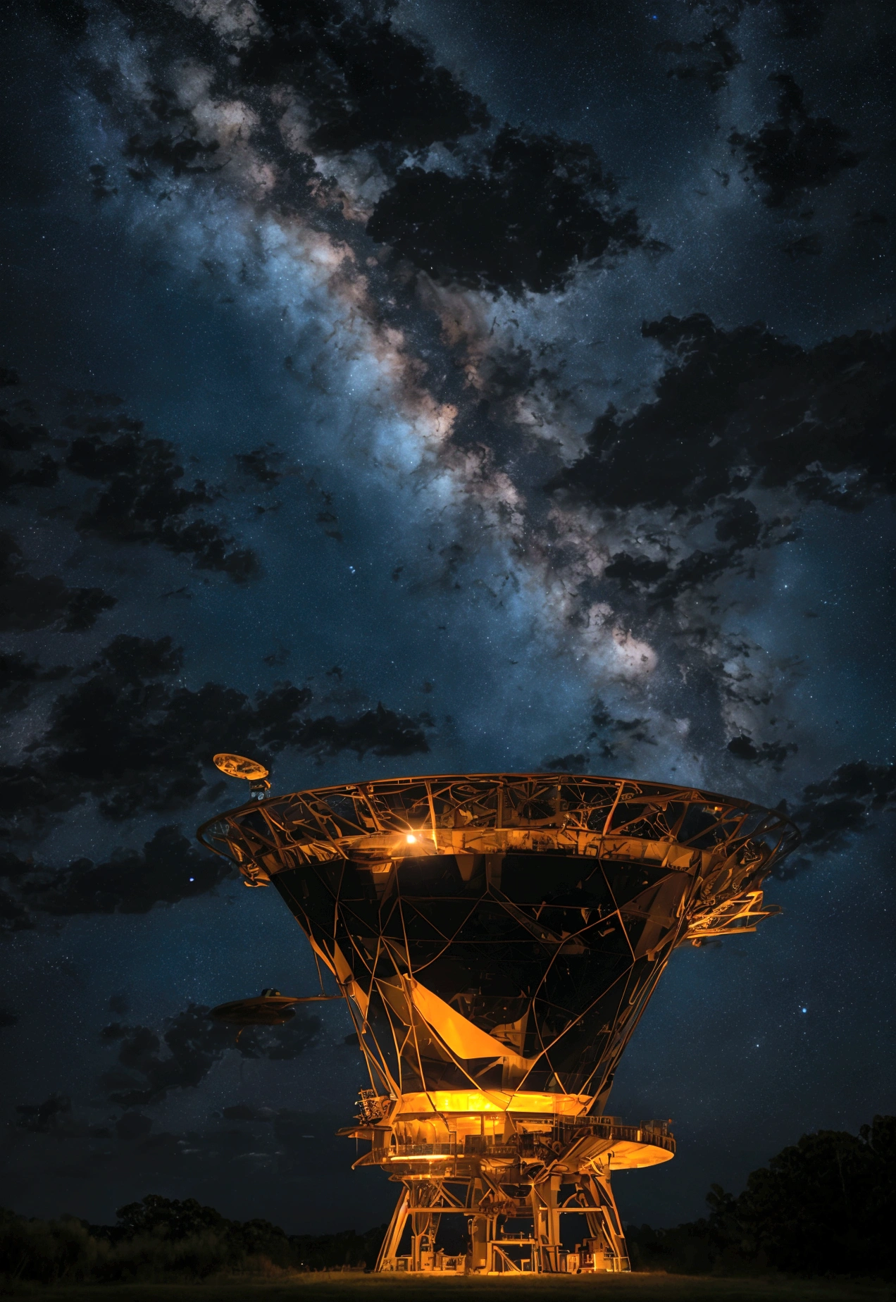 a highly detailed and intricate illustration of the ASKAP radio telescope, constructed with advanced materials, futuristic in design, set against a dynamic cosmic backdrop with swirling nebulae, distant galaxies, and shimmering stars, (best quality,8k,highres,masterpiece:1.2),ultra-detailed,(realistic,photorealistic,photo-realistic:1.37),award winning digital art, hyper realistic, cinematic lighting, dramatic angles, sharp focus, seamless integration, stunning visual effects