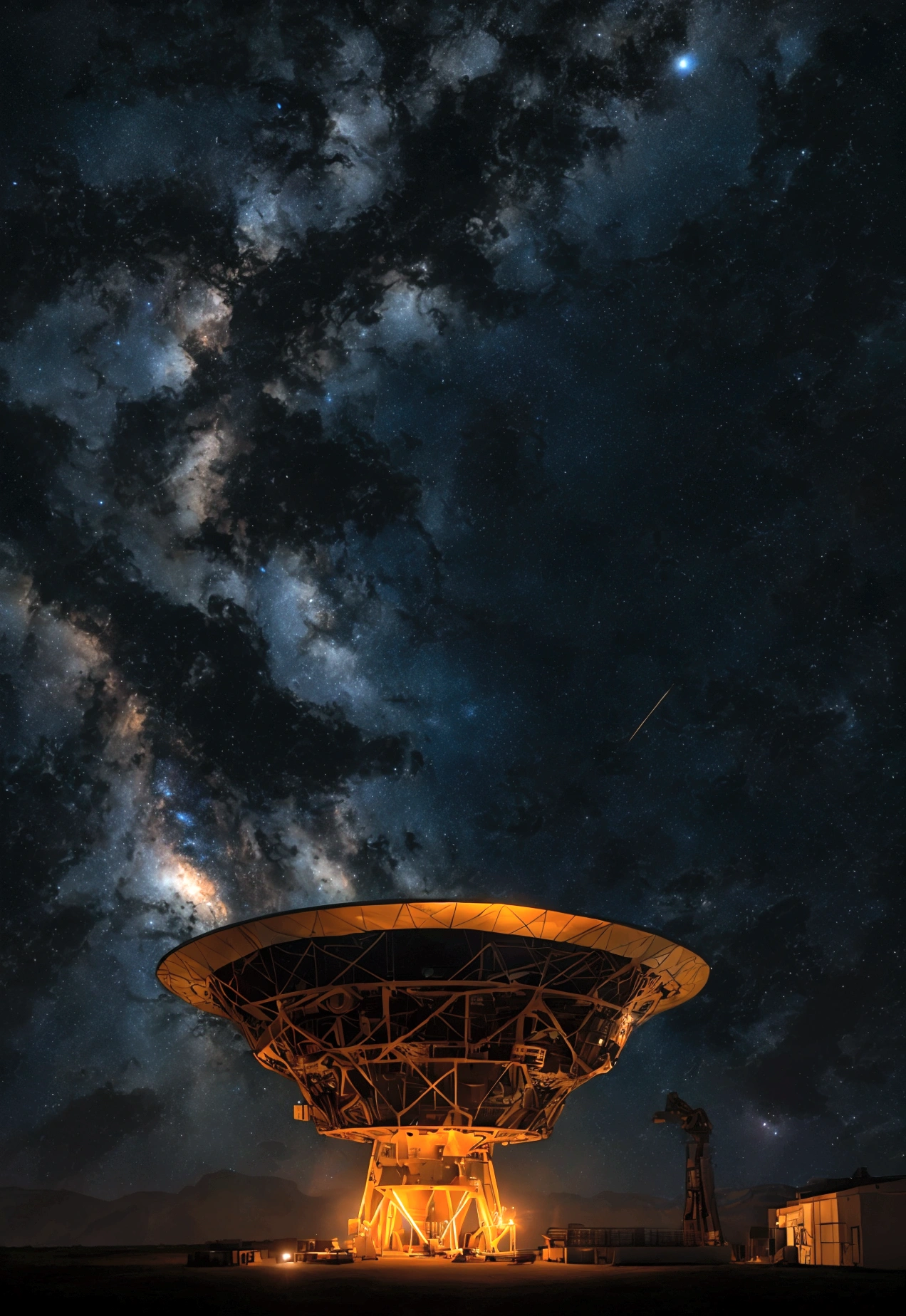 a highly detailed and intricate illustration of the ASKAP radio telescope, constructed with advanced materials, futuristic in design, set against a dynamic cosmic backdrop with swirling nebulae, distant galaxies, and shimmering stars, (best quality,8k,highres,masterpiece:1.2),ultra-detailed,(realistic,photorealistic,photo-realistic:1.37),award winning digital art, hyper realistic, cinematic lighting, dramatic angles, sharp focus, seamless integration, stunning visual effects