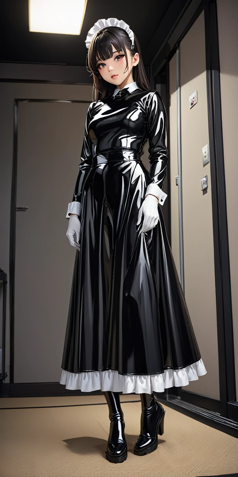 (masterpiece,Highest quality,超A high resolution),Japanese women, (((Very beautiful 25 year old girl))),(Latex Maid Clothing)、Latex Long Skirt、(Latex long sleeve shirt)、latex long glove、Latex socks、The clothes fit snugly to the body、Latex is very shiny、Dark Room