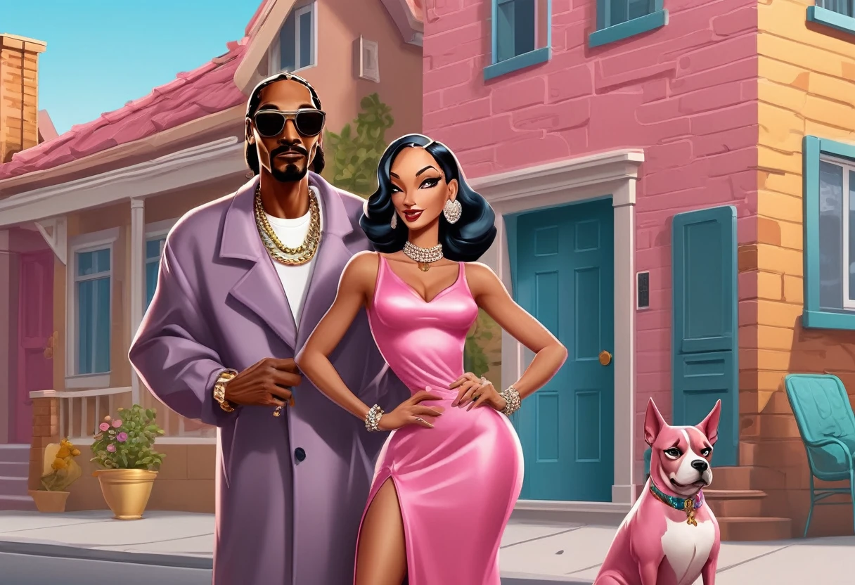 Singer Snoop Dogg holding Madame's pink dog next to beautiful Madame woman attractive body with curves elegant costume in ghetto neighborhood Cartoon Vector art with details.