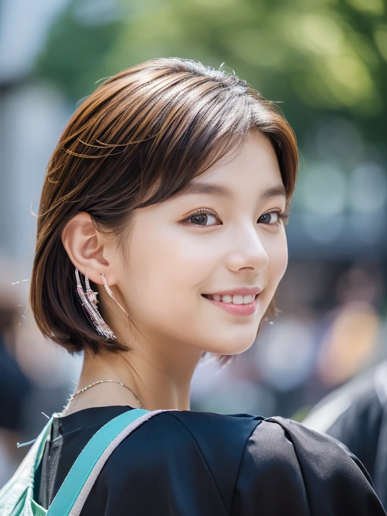 (8K, Raw-Foto, best quality,, masterpiece:1.2),(realistisch, foto realistisch:1.4),(Hochdetailliertes CG Unity 8K-Hintergrundbild),(Rundes Gesicht: 1.5), (detailed student:1.3),Beautiful woman in Kamburg Hafencity , whole upper body,pferdeschwanzfrisur, pretty colorful long hanging earrings,(Junge, but very beautiful 22-year-old Korean,Coole Augen, ponytail, short hair, Relaxed smile, ,Blick nach vorn,Blick in die Kamera,Unvergessliche Augen,The eyes are so beautiful., Hamburg city