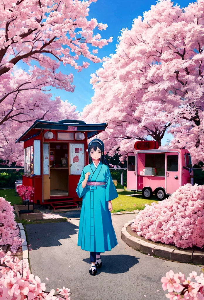 cherry blossom trees in front of a food truck, in the cartoon style, with an anime aesthetic, in the lofi pixel art style, on a white background, with a blue sky, pink flowers, a korean street view, in the style of Studio Ghibli, using pastel colors, as a digital painting, like a poster, similar to a kpop album cover artwork, with high resolution, being ultra detailed, with high contrast, featuring vibrant color, resembling professional photography, in the kpop style, depicting korea culture, --ar 75:128