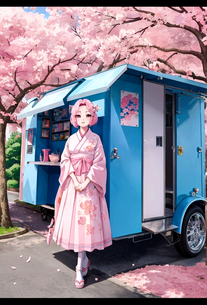 cherry blossom trees in front of a food truck, in the cartoon style, with an anime aesthetic, in the lofi pixel art style, on a white background, with a blue sky, pink flowers, a korean street view, in the style of Studio Ghibli, using pastel colors, as a digital painting, like a poster, similar to a kpop album cover artwork, with high resolution, being ultra detailed, with high contrast, featuring vibrant color, resembling professional photography, in the kpop style, depicting korea culture, --ar 75:128
