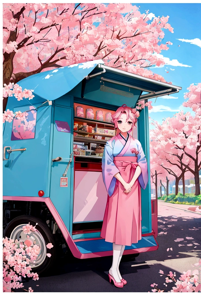 cherry blossom trees in front of a food truck, in the cartoon style, with an anime aesthetic, in the lofi pixel art style, on a white background, with a blue sky, pink flowers, a korean street view, in the style of Studio Ghibli, using pastel colors, as a digital painting, like a poster, similar to a kpop album cover artwork, with high resolution, being ultra detailed, with high contrast, featuring vibrant color, resembling professional photography, in the kpop style, depicting korea culture, --ar 75:128