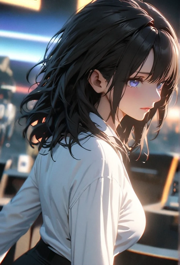 (solo), black hair, messy hair, mane hair, medium hair, dense hair, wild hair, expressive hair, mature,(25 year old), pale skin, blue eyes, ((Female)), beatiful girl, wearing a white shirt, open shirt, tight clothes, long black pants, beautiful, attractive, large breast, big ass, eye reflection, depth of field, thunder aura, cinematic lighting, ray tracing, depth of field, cinematic lighting, ray tracing, UHD, high details, best quality, highres, high quality, award winning, super detail, masterpiece, 8k, UHD, high details, best quality, highres, high quality, award winning, super detail, masterpiece, 8k, digital art, anime coloring, body shot, good face, perfect face, detailed face, good eyes. Space and planets background