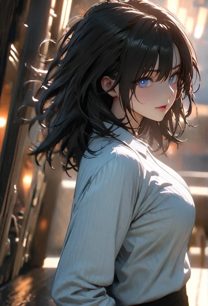 (solo), black hair, messy hair, mane hair, medium hair, dense hair, wild hair, expressive hair, mature,(25 year old), pale skin, blue eyes, ((Female)), beatiful girl, wearing a white shirt, open shirt, tight clothes, long black pants, beautiful, attractive, large breast, big ass, eye reflection, depth of field, thunder aura, cinematic lighting, ray tracing, depth of field, cinematic lighting, ray tracing, UHD, high details, best quality, highres, high quality, award winning, super detail, masterpiece, 8k, UHD, high details, best quality, highres, high quality, award winning, super detail, masterpiece, 8k, digital art, anime coloring, body shot, good face, perfect face, detailed face, good eyes. Space and planets background