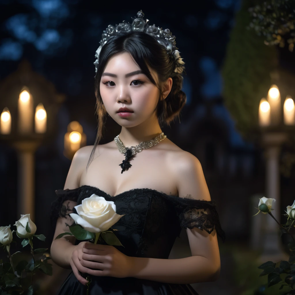 (masterpiece), (extremely intricate:1.3), (realistic), photo of a a bit chubby charming pale Japanese girl wearing a short black shoulderless gothic dress holding a white rose, (baroque hairstyle), plan american, spooky graveyard at night, professional photograph of a stunning teenl detailed, sharp focus, dramatic, award winning, cinematic lighting, volumetrics dtx, (film grain, blurry background, blurry foreground, bokeh, depth of field, night, motion blur:1.3), 4k, 8k, hd, hdr