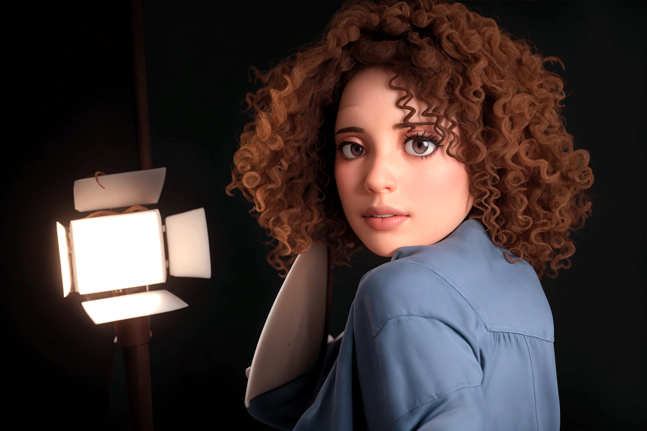 there is a woman with curly hair posing for a photo, photoshoot portrait, photoshoot, photoshoot, photographic portrait, solo photoshoot, shot at dark with studio lights, photoshoot for skincare brand, medium portrait soft light, headshot photoshoot, high quality portrait photoshoot, foto comercial, luz discreta, beautiful portrait lighting, 70mm. dramatic lighting, headshot portrait, pose de retrato