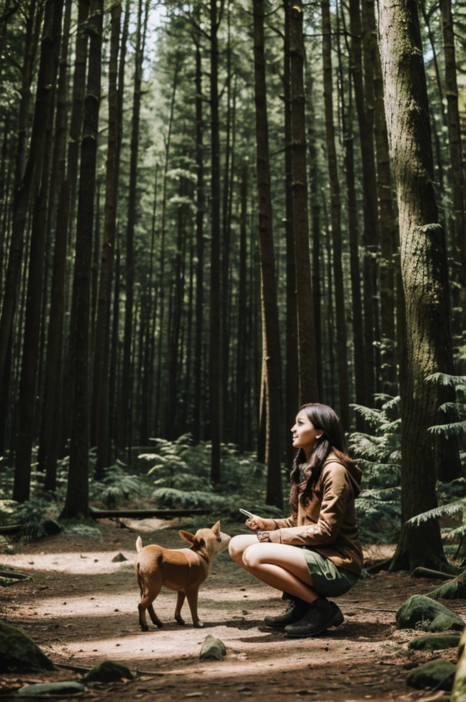 Girl in the forest talking to animals