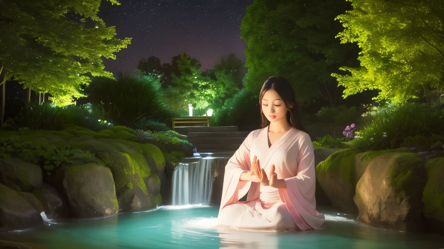 Create an image representing a 'Healing that brings good luck' sound. The image should have a serene and magical atmosphere, with soft, glowing light. In the center, depict a person meditating with a calm expression, surrounded by a gentle aura of light. Around the person, include elements like floating shamrocks, stars, and other symbols of good luck. The background should be filled with soothing natural elements like flowing water, lush greenery, and a clear, starry sky to enhance the feeling of tranquility and positivity. Change the overall color scheme to calming purples, pinks, and golds.
