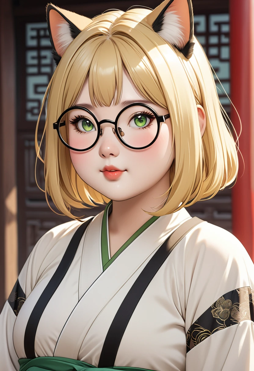 chubby girl, Blonde with green eyes, medium length hair, open forehead, without bangs, round facial features, glasses with black square frames
Китайский стиль одежды, ancient china cat ears, cat tail