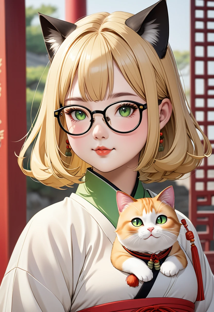 chubby girl, Blonde with green eyes, medium length hair, open forehead, without bangs, round facial features, glasses with black square frames 
Китайский стиль одежды, ancient china cat ears, cat tail 