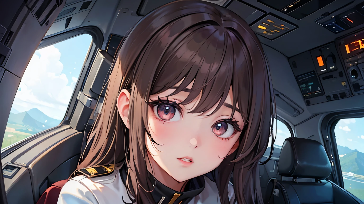 One beautiful woman。Dark brown hair。Beautiful double eyelids。Straight nose。Well-shaped lips。She is looking defiantly at the camera。She is dressed contemporaneously。She is sitting in the cockpit of a small spaceship。Masterpiece。