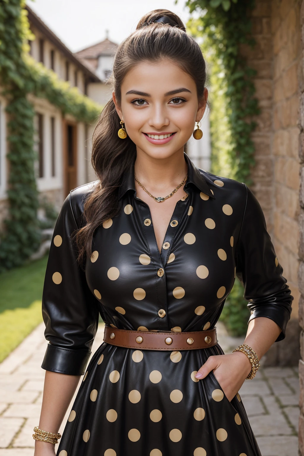 Half-length glamour portrait, nikon D850, f1.6 lens, 200mm, DSLR, 22 Megapixels, (((Inner courtyard of a manor house scene))), shot of a stunning 20 years old portuguese girl, (smile:1.4), (wearing black Polka dot shirt dress with leather belt:1.6), ((seductive pose)), hot girl, (((big natural breasts))), (((brown ponytail hair))), (small girl), symmetrical face, photorealistic, photography, (bright natural lighting), gorgeous, deep cleavage, (masterpiece), best quality, high resolution, extremely detailed, cinematic lighting, (((very narrow waist))), rich colors, hyper realistic, lifelike texture, ((jewelry)), (((She has beautiful hands and wears rings))), (bracelet), (necklace), (ankle chain), (nail polish) (earrings), Fuji Superia 200, 8k