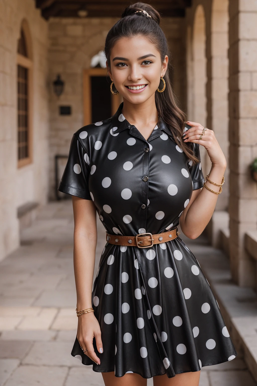 Half-length glamour portrait, nikon D850, f1.6 lens, 200mm, DSLR, 22 Megapixels, (((Inner courtyard of a manor house scene))), shot of a stunning 20 years old portuguese girl, (smile:1.4), (wearing black Polka dot shirt dress with leather belt:1.6), ((seductive pose)), hot girl, (((big natural breasts))), (((brown ponytail hair))), (small girl), symmetrical face, photorealistic, photography, (bright natural lighting), gorgeous, deep cleavage, (masterpiece), best quality, high resolution, extremely detailed, cinematic lighting, (((very narrow waist))), rich colors, hyper realistic, lifelike texture, ((jewelry)), (((She has beautiful hands and wears rings))), (bracelet), (necklace), (ankle chain), (nail polish) (earrings), Fuji Superia 200, 8k