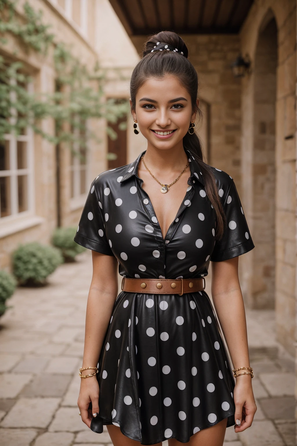 Half-length glamour portrait, nikon D850, f1.6 lens, 200mm, DSLR, 22 Megapixels, (((Inner courtyard of a manor house scene))), shot of a stunning 20 years old portuguese girl, (smile:1.4), (wearing black Polka dot shirt dress with leather belt:1.6), ((seductive pose)), hot girl, (((big natural breasts))), (((brown ponytail hair))), (small girl), symmetrical face, photorealistic, photography, (bright natural lighting), gorgeous, deep cleavage, (masterpiece), best quality, high resolution, extremely detailed, cinematic lighting, (((very narrow waist))), rich colors, hyper realistic, lifelike texture, ((jewelry)), (((She has beautiful hands and wears rings))), (bracelet), (necklace), (ankle chain), (nail polish) (earrings), Fuji Superia 200, 8k
