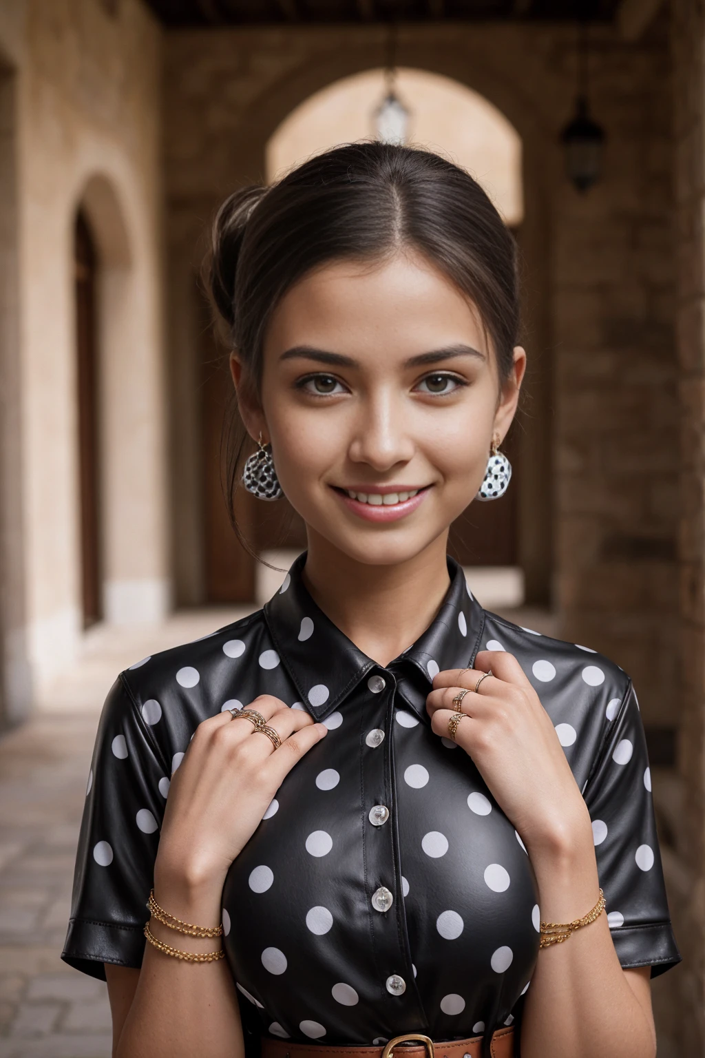 Half-length glamour portrait, nikon D850, f1.6 lens, 200mm, DSLR, 22 Megapixels, (((Inner courtyard of a manor house scene))), shot of a stunning 20 years old portuguese girl, (smile:1.4), (wearing black Polka dot shirt dress with leather belt:1.6), ((seductive pose)), hot girl, (((big natural breasts))), (((brown ponytail hair))), (small girl), symmetrical face, photorealistic, photography, (bright natural lighting), gorgeous, deep cleavage, (masterpiece), best quality, high resolution, extremely detailed, cinematic lighting, (((very narrow waist))), rich colors, hyper realistic, lifelike texture, ((jewelry)), (((She has beautiful hands and wears rings))), (bracelet), (necklace), (ankle chain), (nail polish) (earrings), Fuji Superia 200, 8k