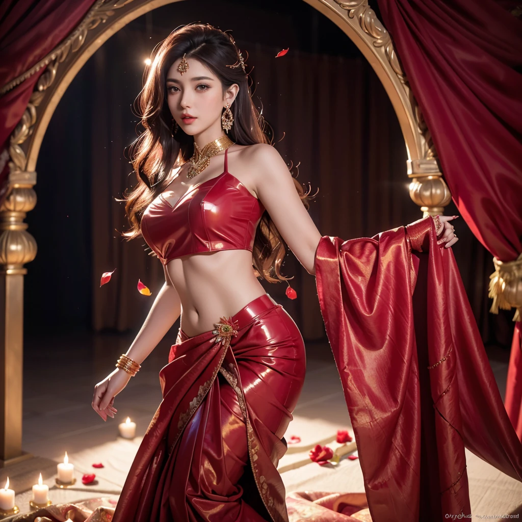 4k ultra realistic on wedding stage, 1girl, beautiful detailed eyes, beautiful detailed lips, extremely detailed face and eyes, long eyelashes, perfect slim figure, wedding design, long hair, red latex saree, red latex blouse, intricate bridal jewelry, golden bangles, wedding backdrop, rose petals, soft lighting, cinematic composition, photorealistic, hyper detailed, masterpiece, high quality, 8k
