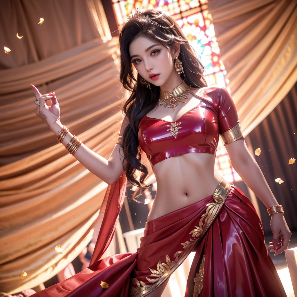 4k ultra realistic on wedding stage, 1girl, beautiful detailed eyes, beautiful detailed lips, extremely detailed face and eyes, long eyelashes, perfect slim figure, wedding design, long hair, red latex saree, red latex blouse, intricate bridal jewelry, golden bangles, wedding backdrop, rose petals, soft lighting, cinematic composition, photorealistic, hyper detailed, masterpiece, high quality, 8k