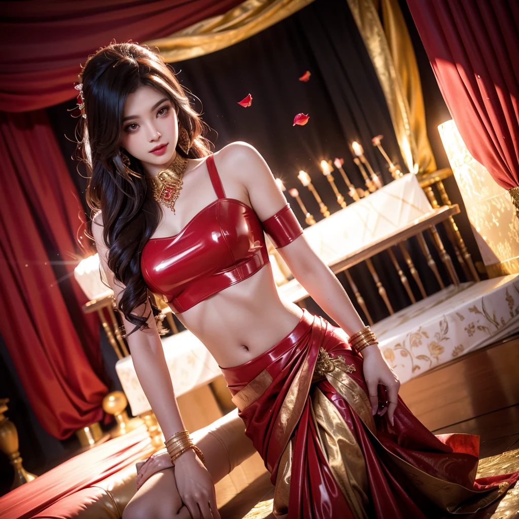 4k ultra realistic on wedding stage, 1girl, beautiful detailed eyes, beautiful detailed lips, extremely detailed face and eyes, long eyelashes, perfect slim figure, wedding design, long hair, red latex saree, red latex blouse, intricate bridal jewelry, golden bangles, wedding backdrop, rose petals, soft lighting, cinematic composition, photorealistic, hyper detailed, masterpiece, high quality, 8k
