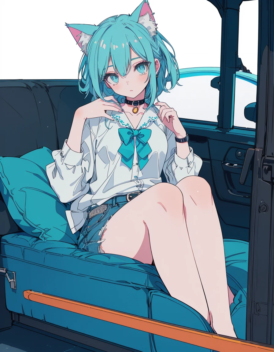 shirts, denim punts, fullbody, ((masterpiece, best quality:1.5)), ((Beautiful detailed cat aqua eyes:1.2)), cat ears, pale skin, small breasts, beautiful hands, beautiful fingers, EasyNegative