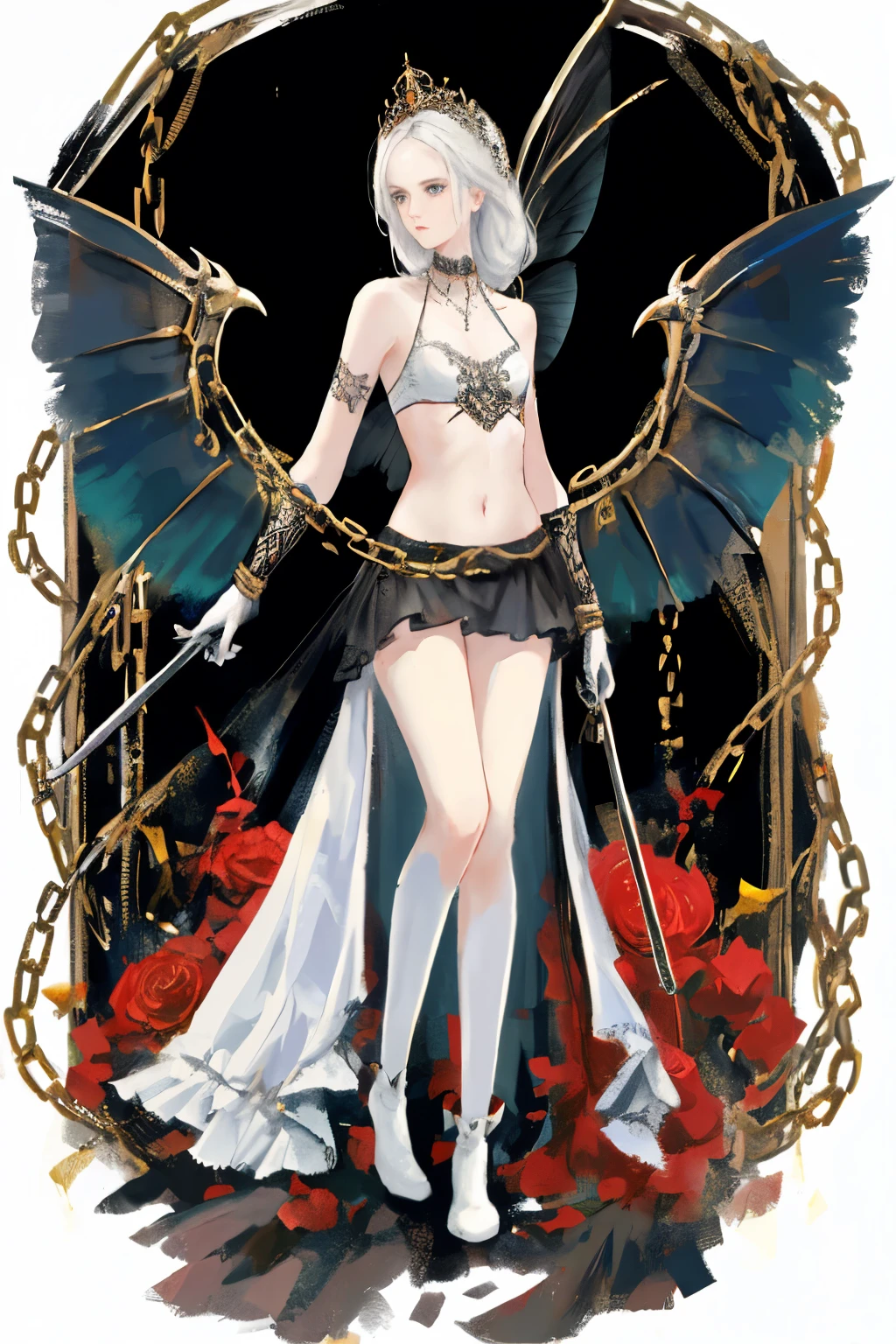  ((best quality)), ((masterpiece)), (detailed), 1girl, Character design, NSFW, scholarly female, scholar, female scholar, educator, teacher, fortune teller, holding a large bell, carrying a large bell, ringing a large bell, bell, astrology, astrological symbolism, star reading, celestrial theme, heavens, heavens above, constellations, imposing, terrifying, biblical, blood magic, blood mage, dynamic poses, long white grey hair, grey white eyes, very skinny, detailed, best quality, prominent collarbones, skinny arms, flat stomach, visible hip bones, small breasts, full body, blank white background, plain background, white background, red and white clothing, Bloodborne inspired, occult aesthetic, occult, detailed and intricate steampunk and detailed gothic, NSFW, Fluttering lace flared long knee length dress with frilly petticoats, knee length dress, pleated petticoats, petticoats gothic, complex lace boots, gothic aesthetic, wielding a mighty sword with mechanical components, mandalas, small breasts, a fairy, various different types of insect wings, bug wings, beetle wings, NSFW, full body, whole body, body, chains, 