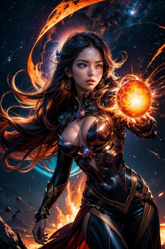 A spectacularly igniting supernova shines brightly amidst the darkness of space, captivatingly watched by an enigmatic woman. The explosion of colors and light creates a mesmerizing display in the image, which is most likely a breathtaking digital artwork. The vivid explosion painted in vivid shades of crimson, gold, and electric blue, beautifully contrasts against the woman's shadowed figure, adding a sense of mystery and wonder to the scene. The clarity and detail in this visually stunning composition bring the celestial event to life, leaving viewers in awe of its beauty and power.