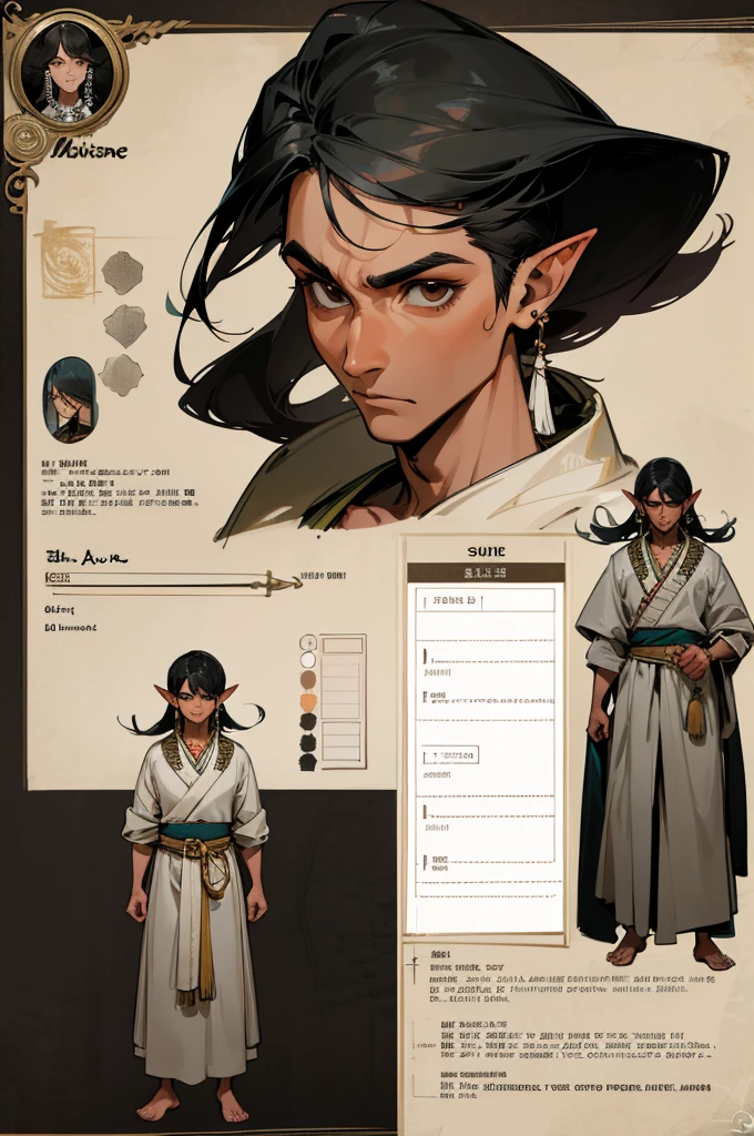 He is an adult indigenous man with Mexican features, and sun-kissed brown skin. His short black hair contrasts with his intense, expressive dark eyes. High, well-defined cheekbones complement his sharply contoured face. His pointed ears add a unique and distinctive detail to his appearance. He exudes a strong, serene presence, deeply connected to his cultural roots, Full body, master piece, character sheet, character sheet, character sheet.