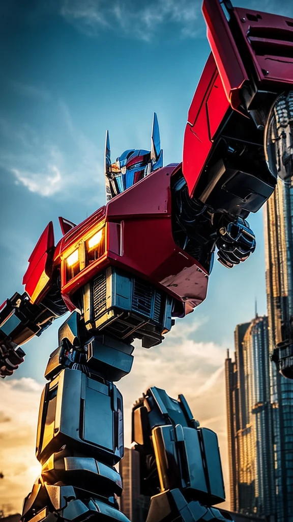 "Un impresionante fondo de pantalla en 4K de Optimus Prime, the leader of the Autobots, en una postura heroica. The image should highlight the metallic and shiny details of your armor, con luces y sombras que resalten su figura imponente. El fondo puede ser una escena futurista o un paisaje urbano en ruinas, con colores vibrantes y contrastes fuertes para hacer que Optimus Prime se destaque como el protector de la humanidad."