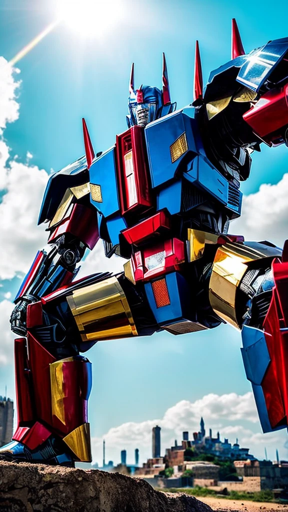 "Un impresionante fondo de pantalla en 4K de Optimus Prime, the leader of the Autobots, en una postura heroica. The image should highlight the metallic and shiny details of your armor, con luces y sombras que resalten su figura imponente. El fondo puede ser una escena futurista o un paisaje urbano en ruinas, con colores vibrantes y contrastes fuertes para hacer que Optimus Prime se destaque como el protector de la humanidad."