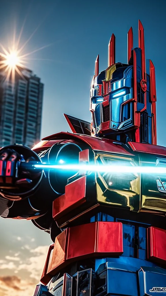 "Un impresionante fondo de pantalla en 4K de Optimus Prime, the leader of the Autobots, en una postura heroica. The image should highlight the metallic and shiny details of your armor, con luces y sombras que resalten su figura imponente. El fondo puede ser una escena futurista o un paisaje urbano en ruinas, con colores vibrantes y contrastes fuertes para hacer que Optimus Prime se destaque como el protector de la humanidad."