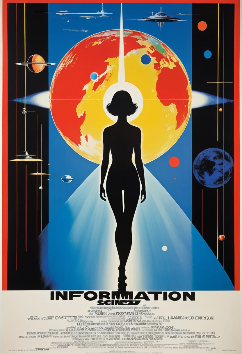 vintage retro futuristic style movie poster of 1970s sci-fi movie, “information”, text is in sci fi fonts, human body silhouette, against floating codes, numbers and symbols, GLITCH. Hyperreal. Art by Frankenthaler, Cassatt, O'Keeffe Art by Vigée Le Brun, Alma Thomas, Gentileschi, Barbara Kruger, Lavinia Fontana, Dutch view, full body shot with Cannon EF 35mm f/1.4L II USM Lens.