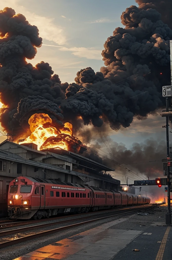 Spawns a damaged train, with cold and sober colors and behind him you can see a town on fire and damaged