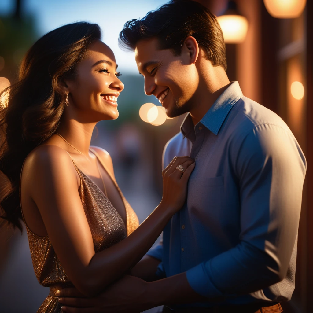 a couple in love, 1 man, 1 woman, romantic date, holding hands, smiling, intimate, passionate, cinematic lighting, warm colors, photorealistic, high quality, detailed, dramatic, realistic, depth of field, masterpiece, intricate details, natural skin tones, beautiful, stylish, fashionable, elegant, atmospheric, chiaroscuro lighting, cinematic composition, golden hour lighting, stunning background, romantic atmosphere