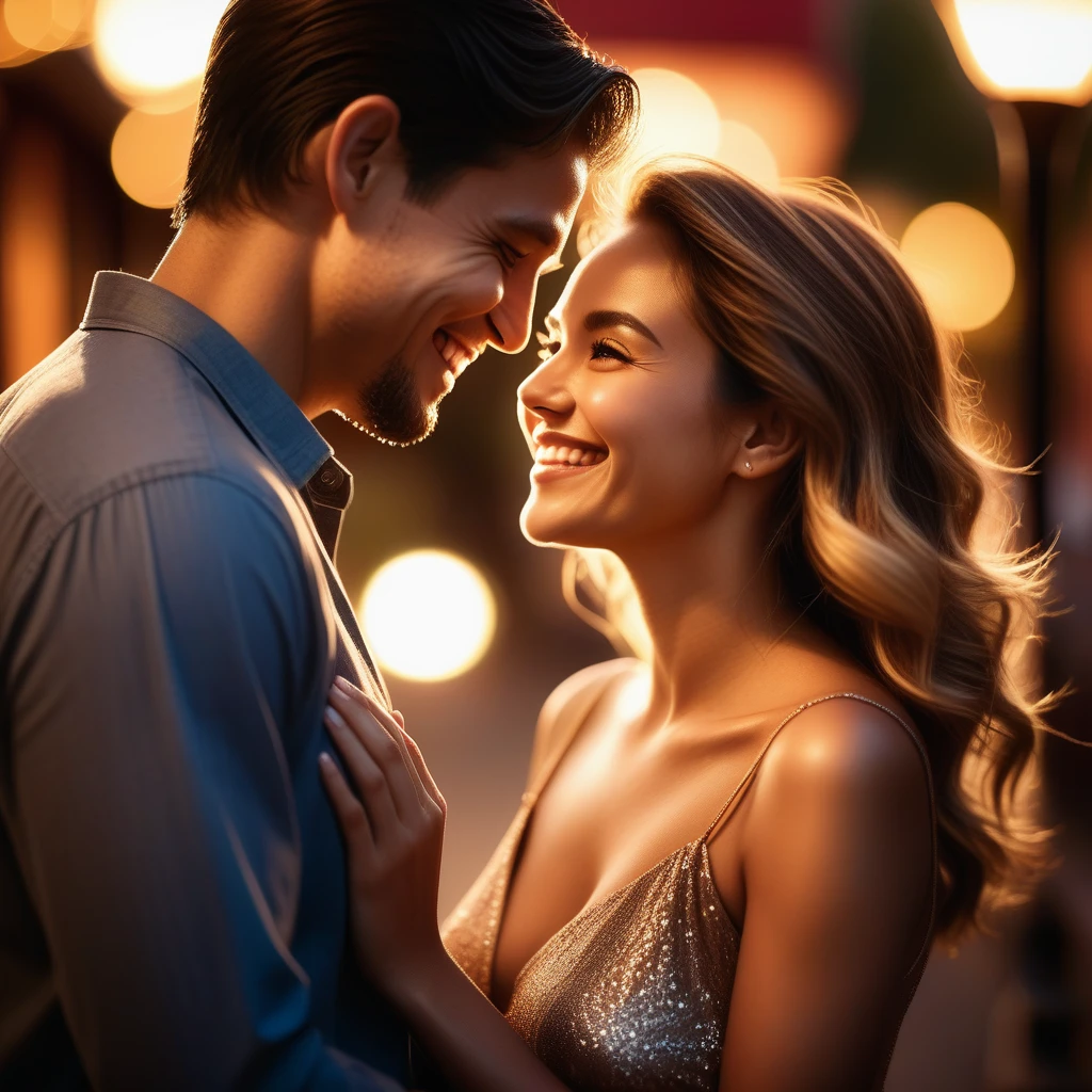 a couple in love, 1 man, 1 woman, romantic date, holding hands, smiling, intimate, passionate, cinematic lighting, warm colors, photorealistic, high quality, detailed, dramatic, realistic, depth of field, masterpiece, intricate details, natural skin tones, beautiful, stylish, fashionable, elegant, atmospheric, chiaroscuro lighting, cinematic composition, golden hour lighting, stunning background, romantic atmosphere