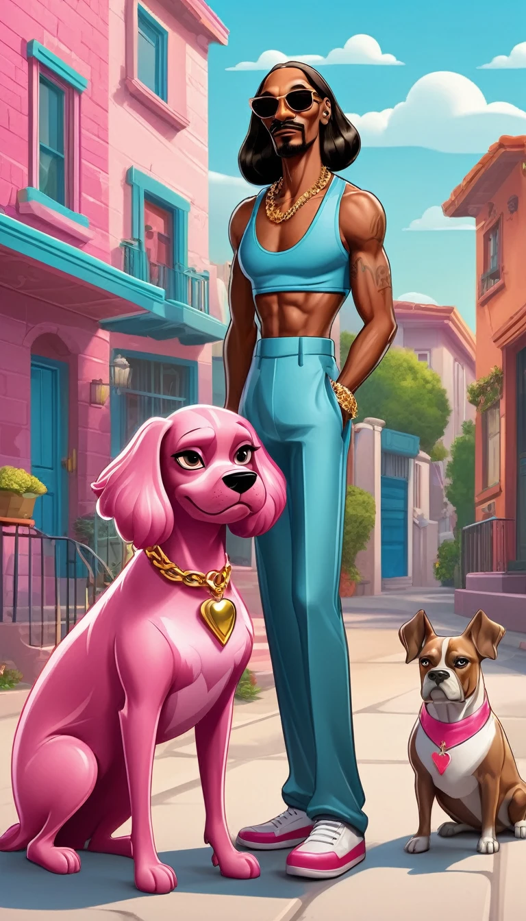 Singer Snoop Dogg holding Madame's pink dog next to beautiful Madame woman attractive body with curves elegant costume in ghetto neighborhood Cartoon Vector art with details.