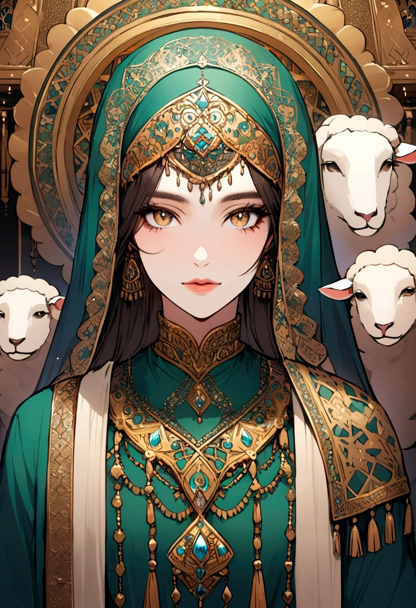 Front portrait with half the face of a sheep and half the face of a lion wearing muslim cloths