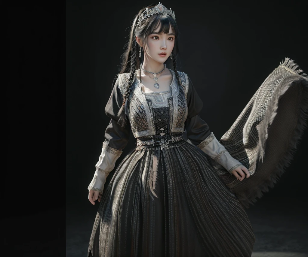 a mongolian princess girl,bangs black hair,standing,(Very Detailed: 1.3),ultra realistic,HDR,(High Dynamic Range),ray tracing,nvidia RTX,super resolution,unreal 5,subsurface scattering,PBR texture,post-processing,anisotropic filtering,depth of field,maximum sharpness and sharpness,multi-layer texture,specular and albedo mapping,surface shading,perfect proportions,extremely detailed background,octane rendering,duotone lighting,low ISO,white balance,8K RAW,high efficiency subpixels,subpixel convolution,Tyndall effect,(((1GIRL))),(((wearing black princess dress))),(((sexy pose))),(((gray background))),masterpiece,best quality