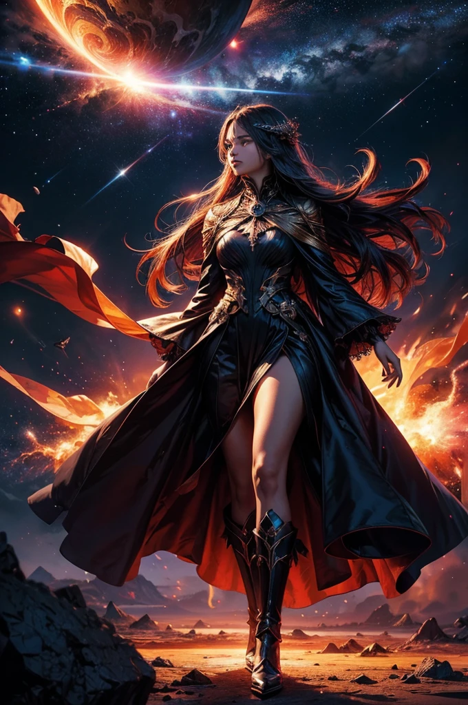 A spectacularly igniting supernova shines brightly amidst the darkness of space, captivatingly watched by an enigmatic woman. The explosion of colors and light creates a mesmerizing display in the image, which is most likely a breathtaking digital artwork. The vivid explosion painted in vivid shades of crimson, gold, and electric blue, beautifully contrasts against the woman's shadowed figure, adding a sense of mystery and wonder to the scene. The clarity and detail in this visually stunning composition bring the celestial event to life, leaving viewers in awe of its beauty and power.