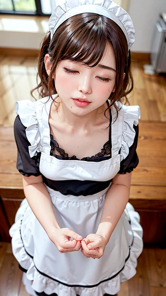 (8K photo quality、Ultra high definition、masterpiece, highest quality),1 girl, -yeld gisolo, ((whole body))、(((Naked Apron)))、Mini apron、(((White ruffled maid apron)))、((The apron is made of lace fabric))、kitchen、(((Close your eyes, look up a little, and make a kissing face.)))、Kiss welcomes photographers with open arms、