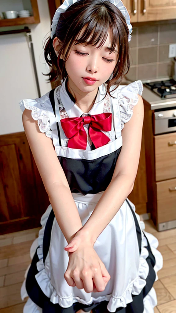 (8K photo quality、Ultra high definition、masterpiece, highest quality),1 girl, ****************、solo, ((whole body))、(((Naked Apron)))、Mini apron、(((White ruffled maid apron)))、((The apron is made of lace fabric))、kitchen、(((Close your eyes, look up a little, and make a kissing face.)))、Kiss welcomes photographers with open arms、