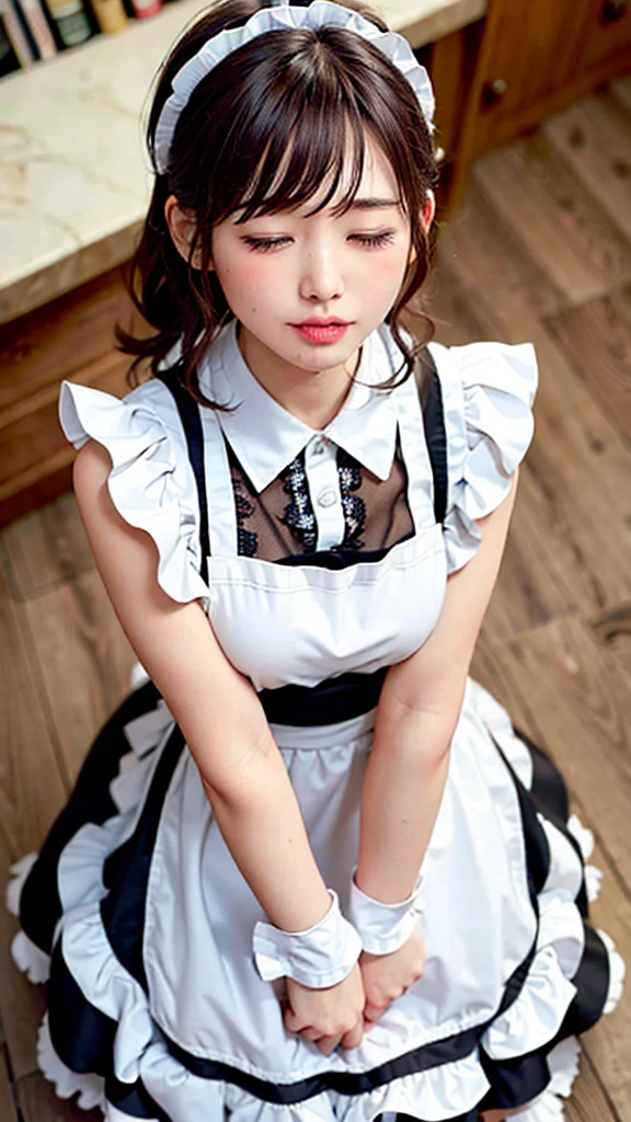 (8K photo quality、Ultra high definition、masterpiece, highest quality),1 girl, -yeld gisolo, ((whole body))、(((Naked Apron)))、Mini apron、(((White ruffled maid apron)))、((The apron is made of lace fabric))、kitchen、(((Close your eyes, look up a little, and make a kissing face.)))、Kiss welcomes photographers with open arms、