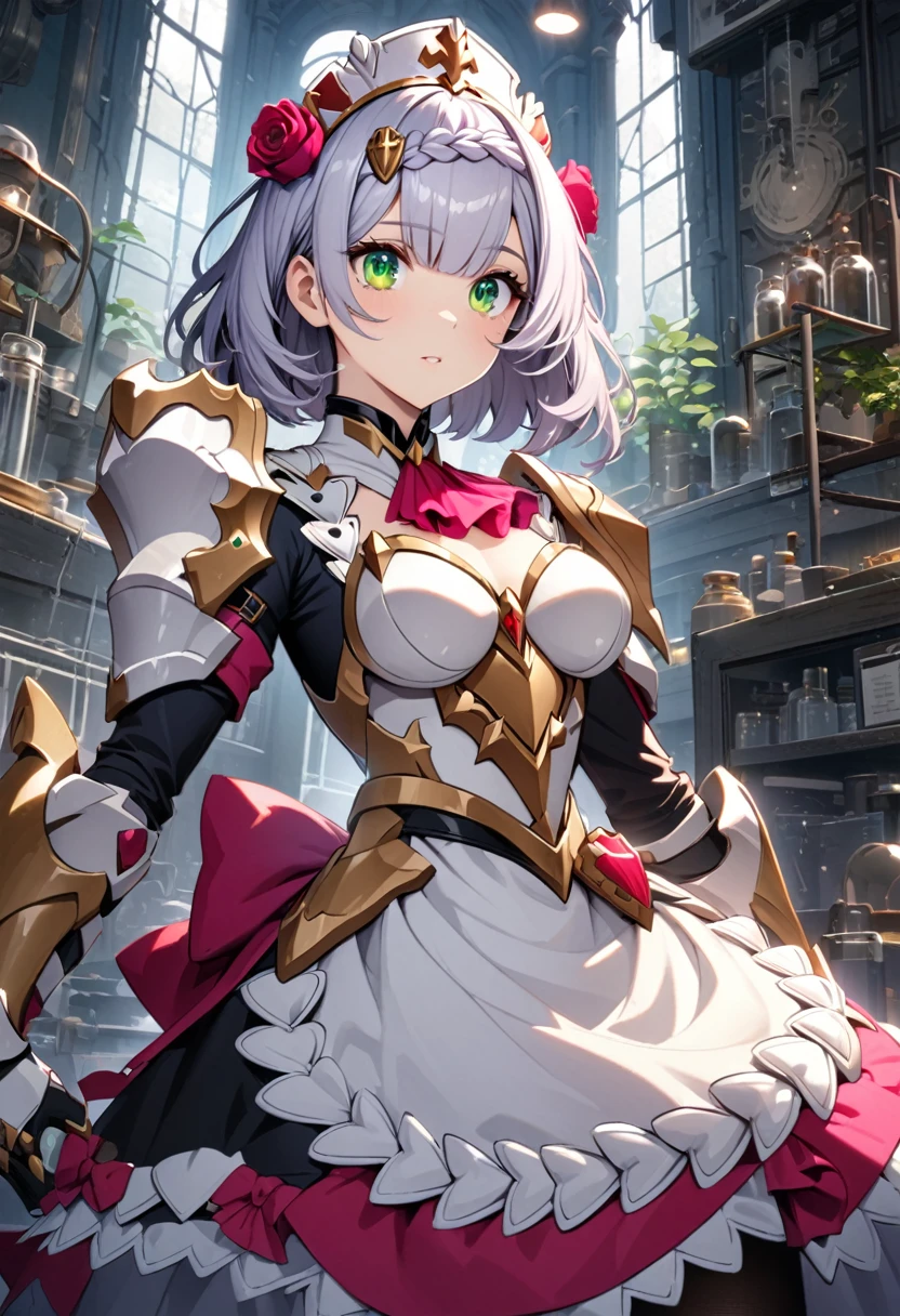 genshinnoelle, noelle, braid, flower, hair flower, hair ornament, short hair, silver hair, (green eyes:1.5),
BREAK apron, armor, ascot, black pantyhose, black skirt, dress, gauntlets, gold trim, headdress, long sleeves, maid, maid apron, maid headdress, pantyhose, pauldrons, shoulder armor, skirt, strap,
BREAK indoors, laboratory,
BREAK looking at viewer, (cowboy shot:1.5),
BREAK (masterpiece:1.2), best quality, high resolution, unity 8k wallpaper, (illustration:0.8), (beautiful detailed eyes:1.6), extremely detailed face, perfect lighting, extremely detailed CG, (perfect hands, perfect anatomy),